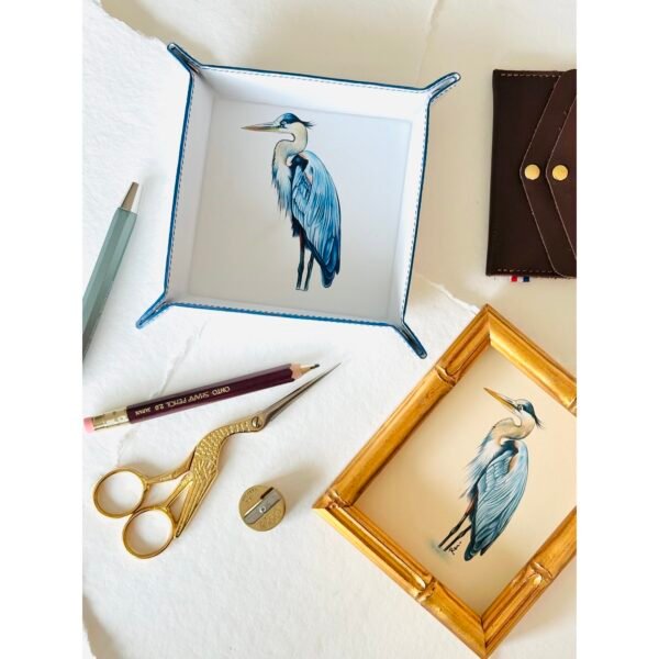 Handcrafted Leather Tray With Blue Heron - Image 2