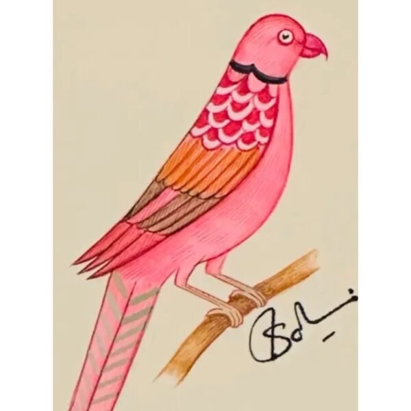 Hand-Painted Whimsical Pink Parrot Painting, Arooba - Image 2