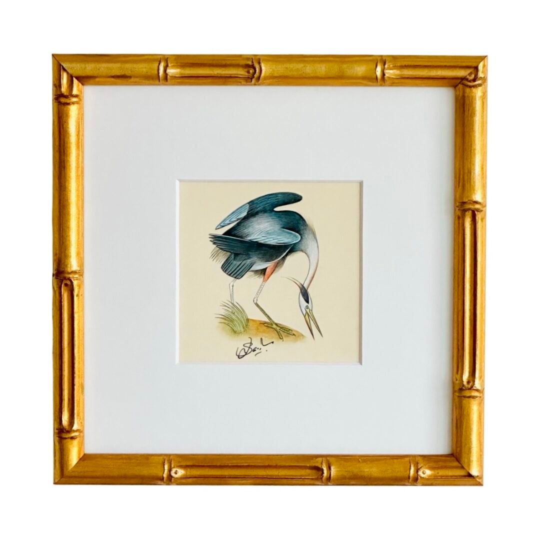 Hand-Painted Heron Painting, Indigo