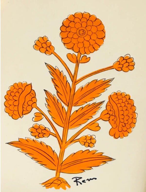 Hand-Painted Jaipur Orange Floral Motif Painting - Image 2