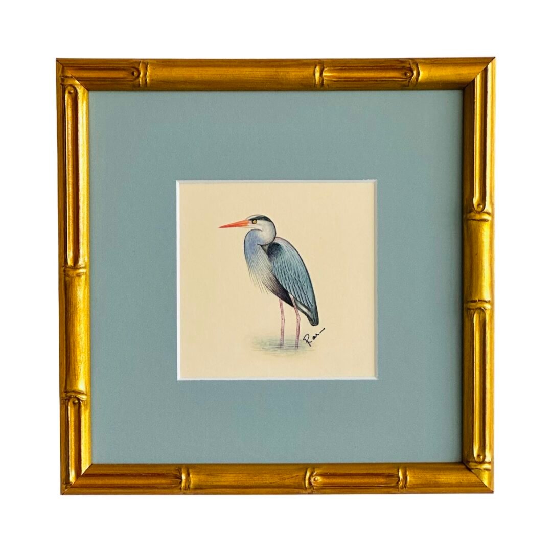 Hand-Painted Heron Painting, Azure