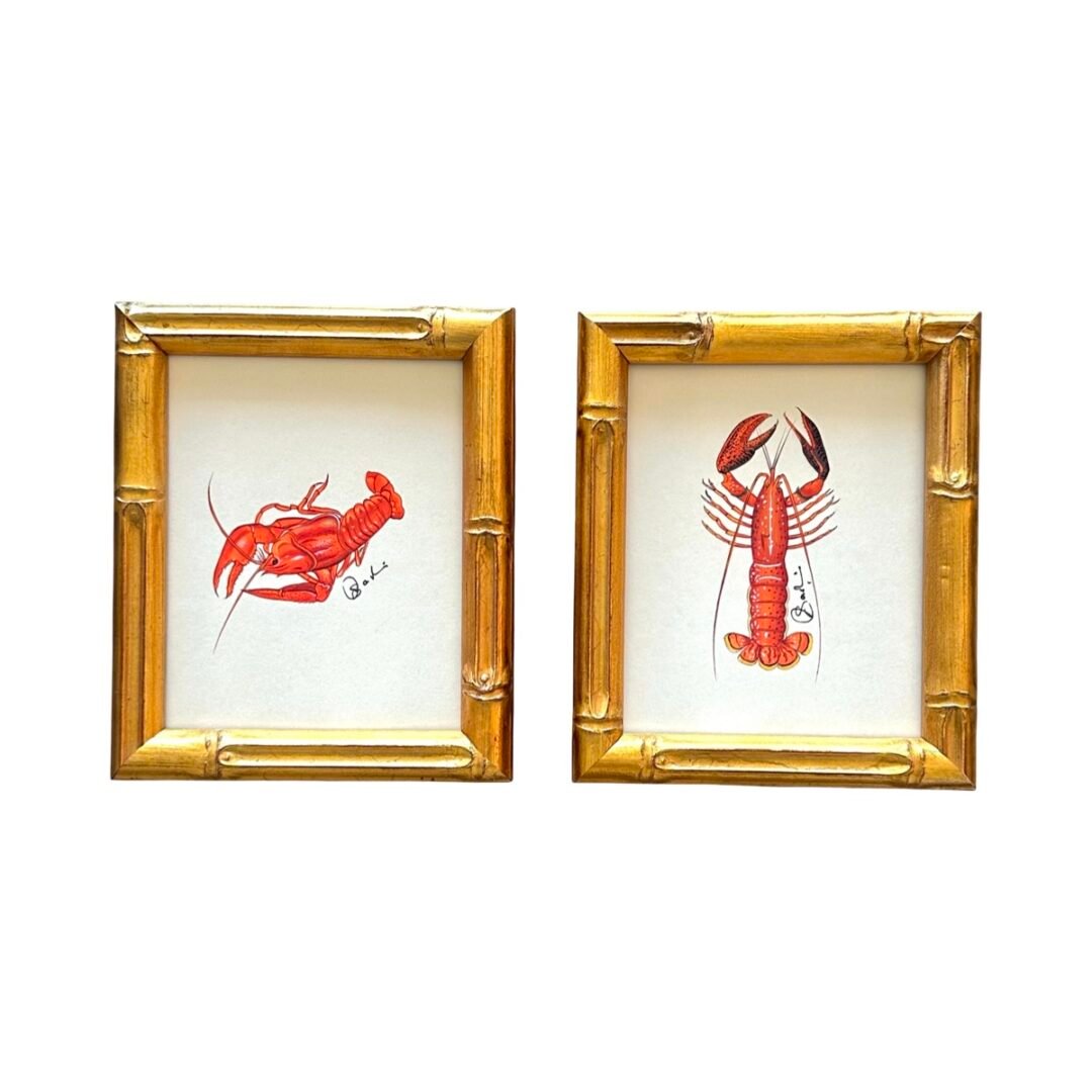 Hand-Painted Orange Lobster Paintings, Pair