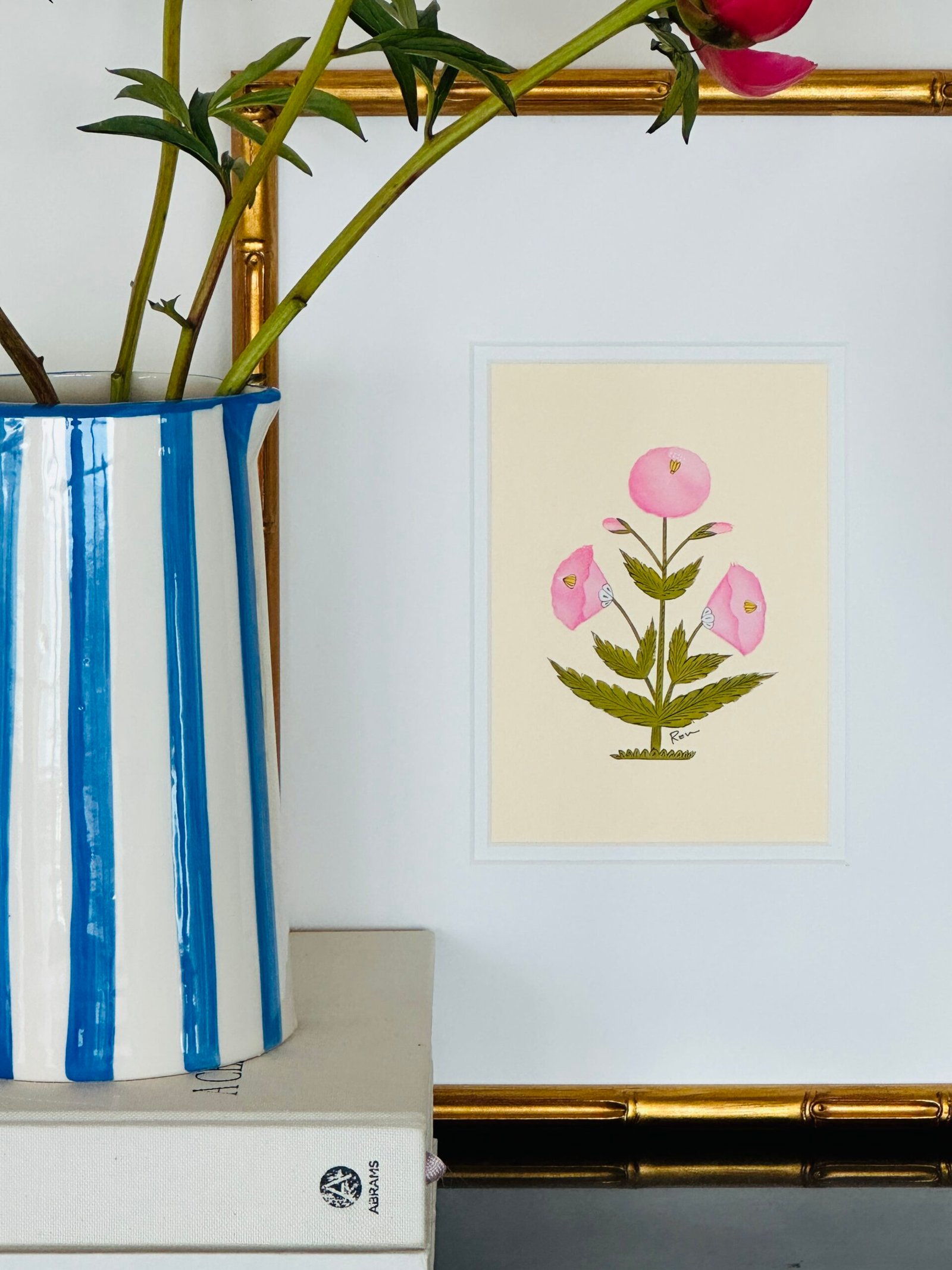 Hand-Painted Jaipuri Pink and green Floral Motif Painting - Image 3