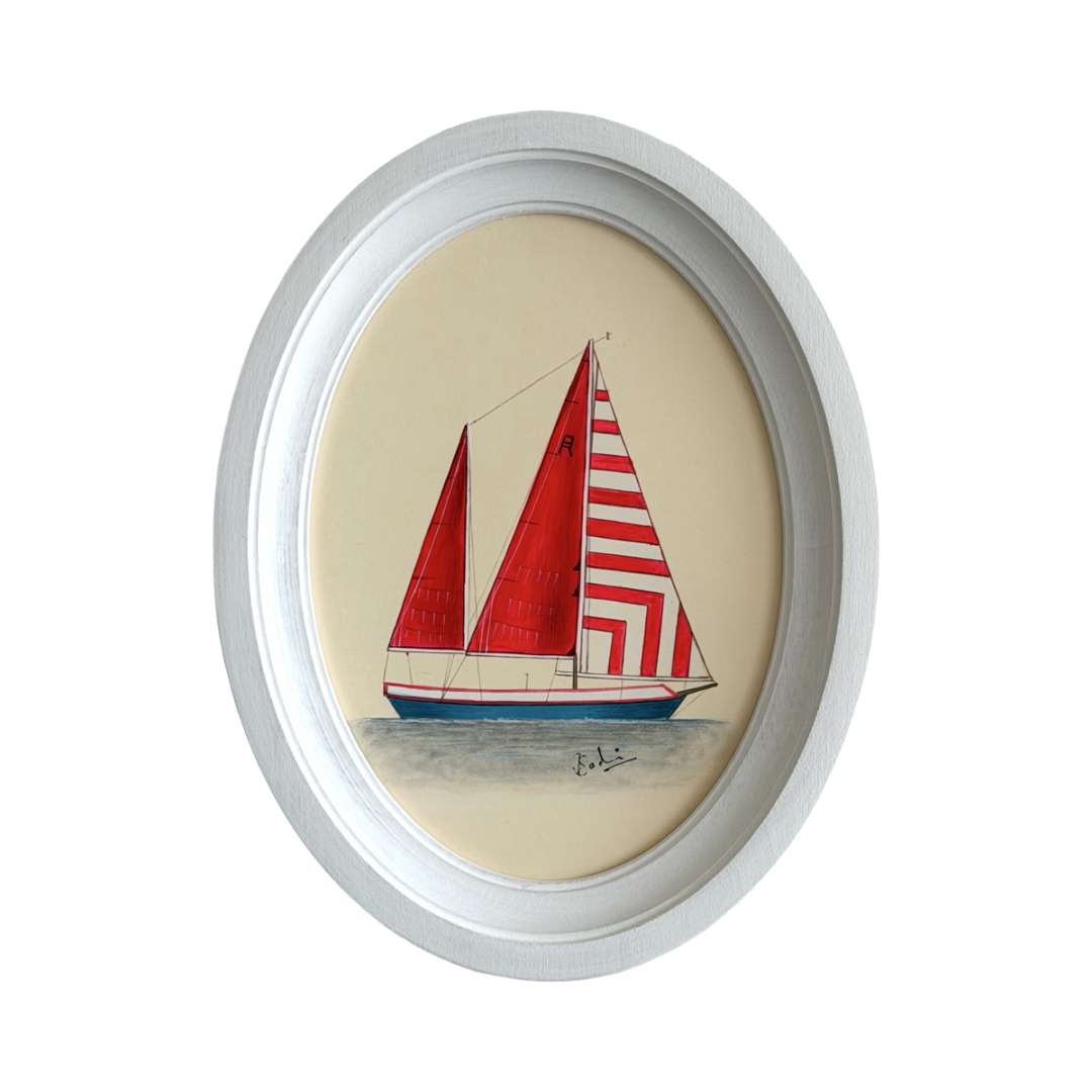 Hand-Painted Sailboat Painting, The Red Voyager