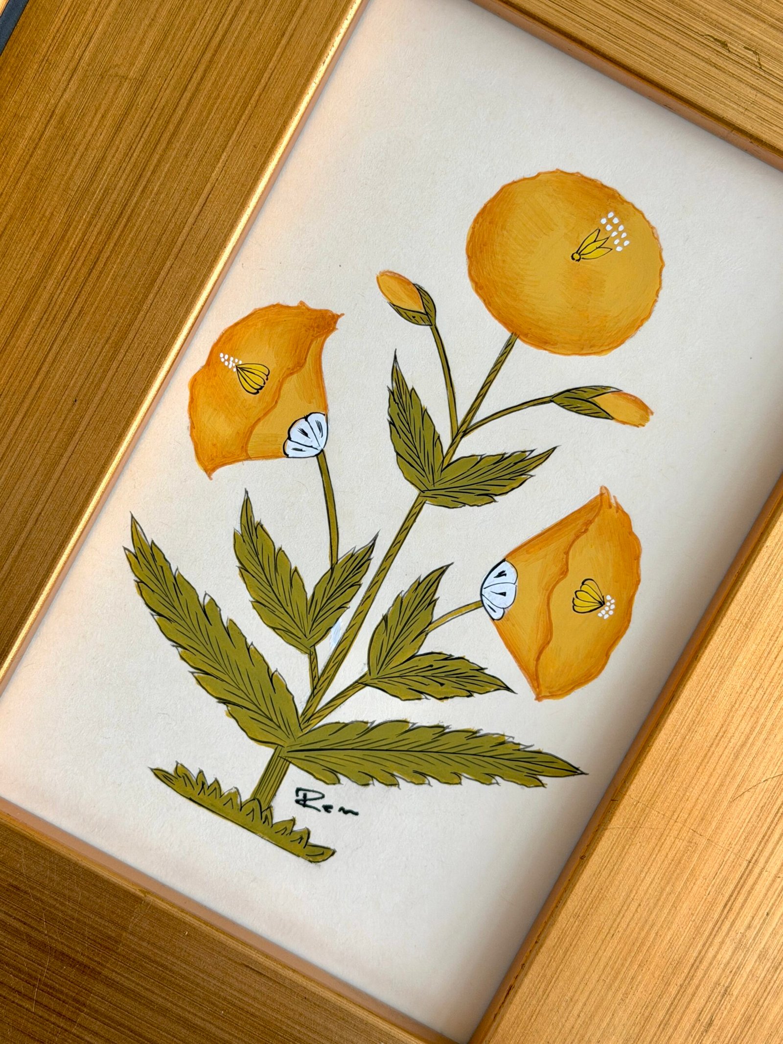 Hand-Painted Mustard Yellow Floral Motif Painting - Image 2