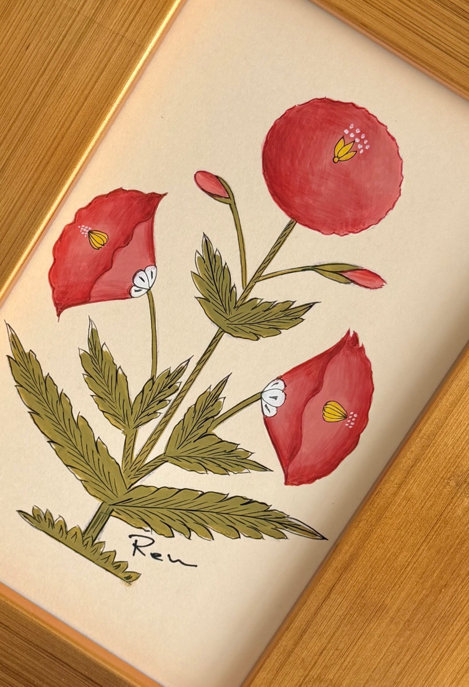 Hand-Painted Red Floral Motif Painting - Image 2