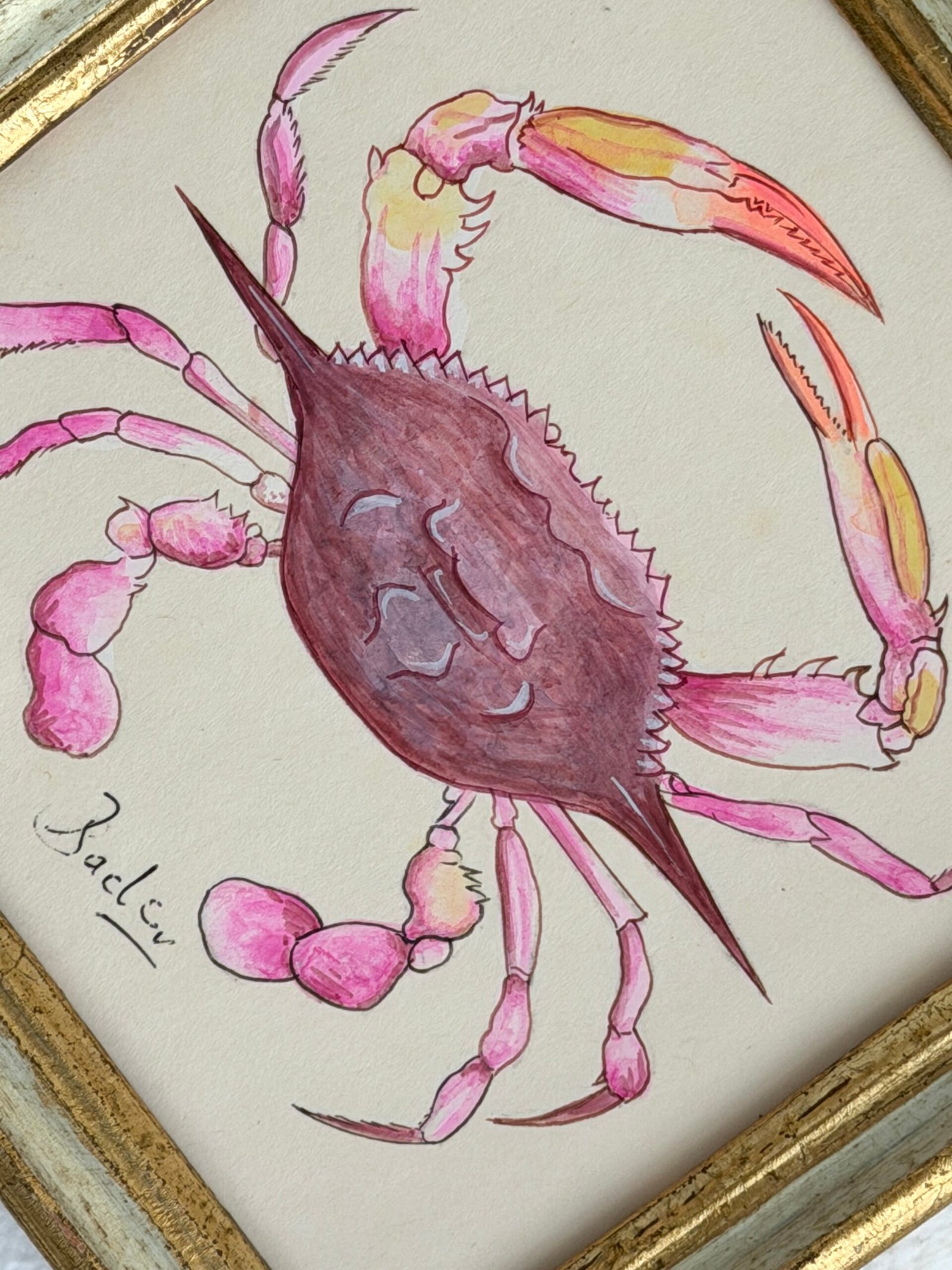 Hand-Painted Pink Crab Painting, Daphne - Image 2