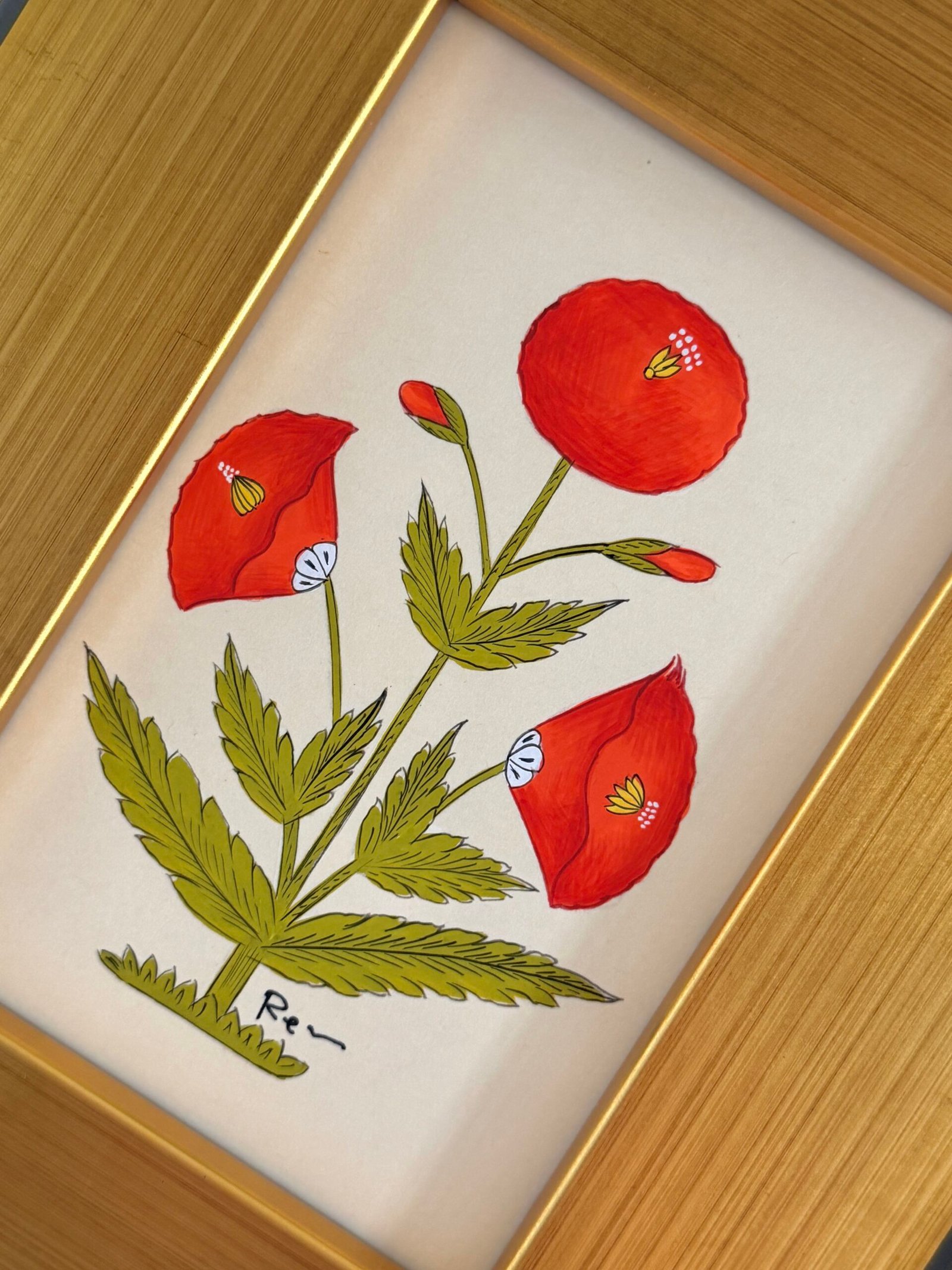Hand-Painted Red Floral Motif Painting - Image 2