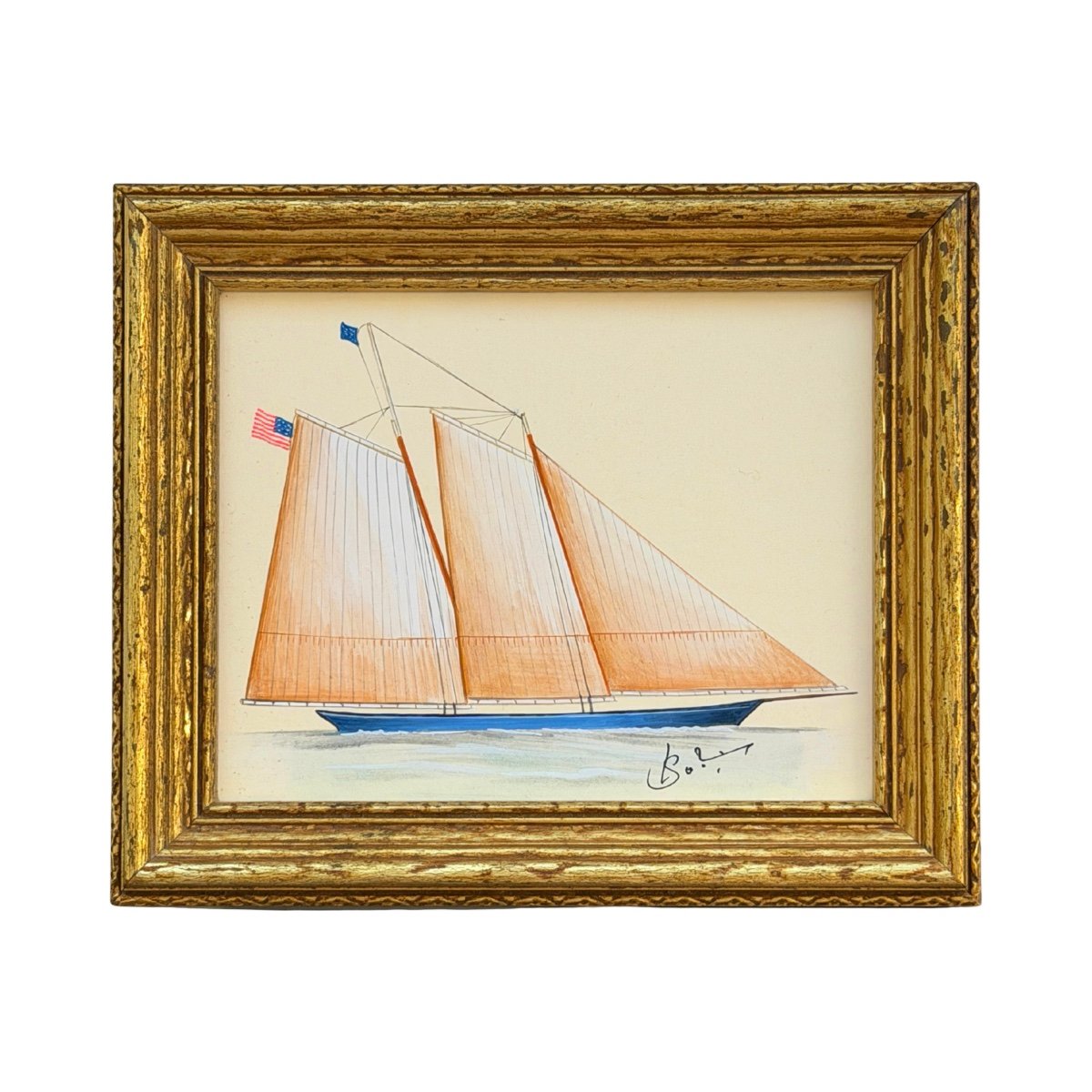 Hand-Painted Sailboat Painting, the Blue Hull