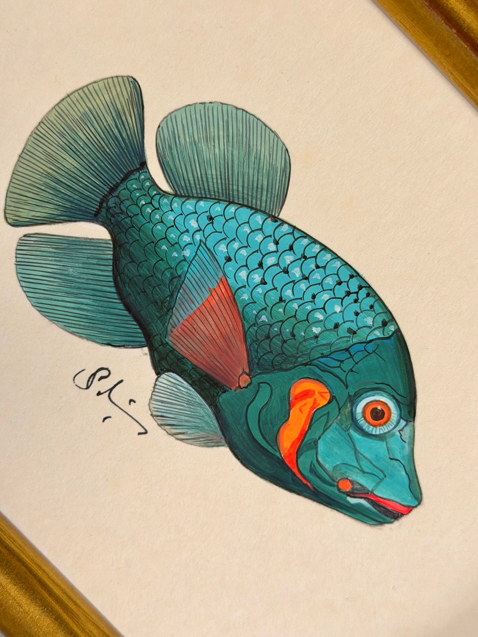 Hand-Painted Green Fish Painting, Tango - Image 2