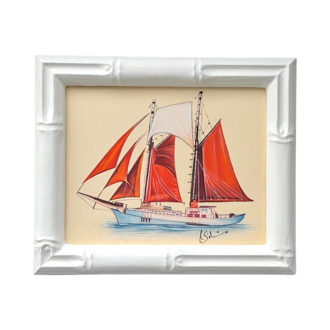 Hand-Painted Sailboat Painting, The Crimson Voyager